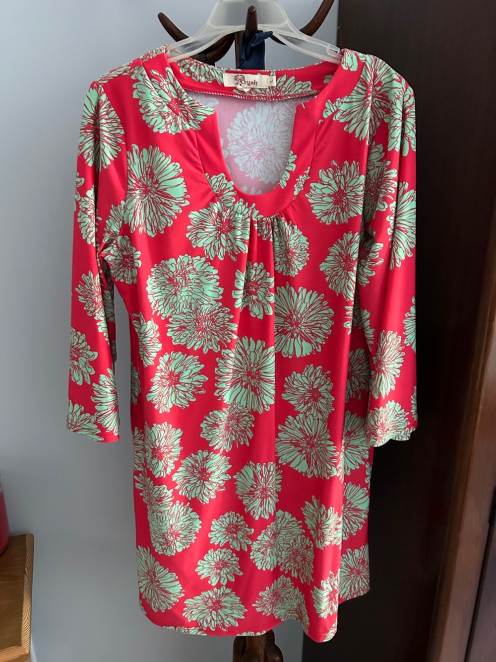 Aryeh Coral Floral Scoop-Neck Dress with Mint Accents bell sleeves